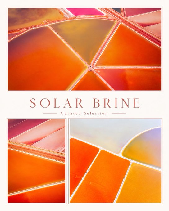 A collage of three abstract, colorful images with orange, pink, and yellow geometric shapes, titled 'SOLAR BRINE Curated Selection'.