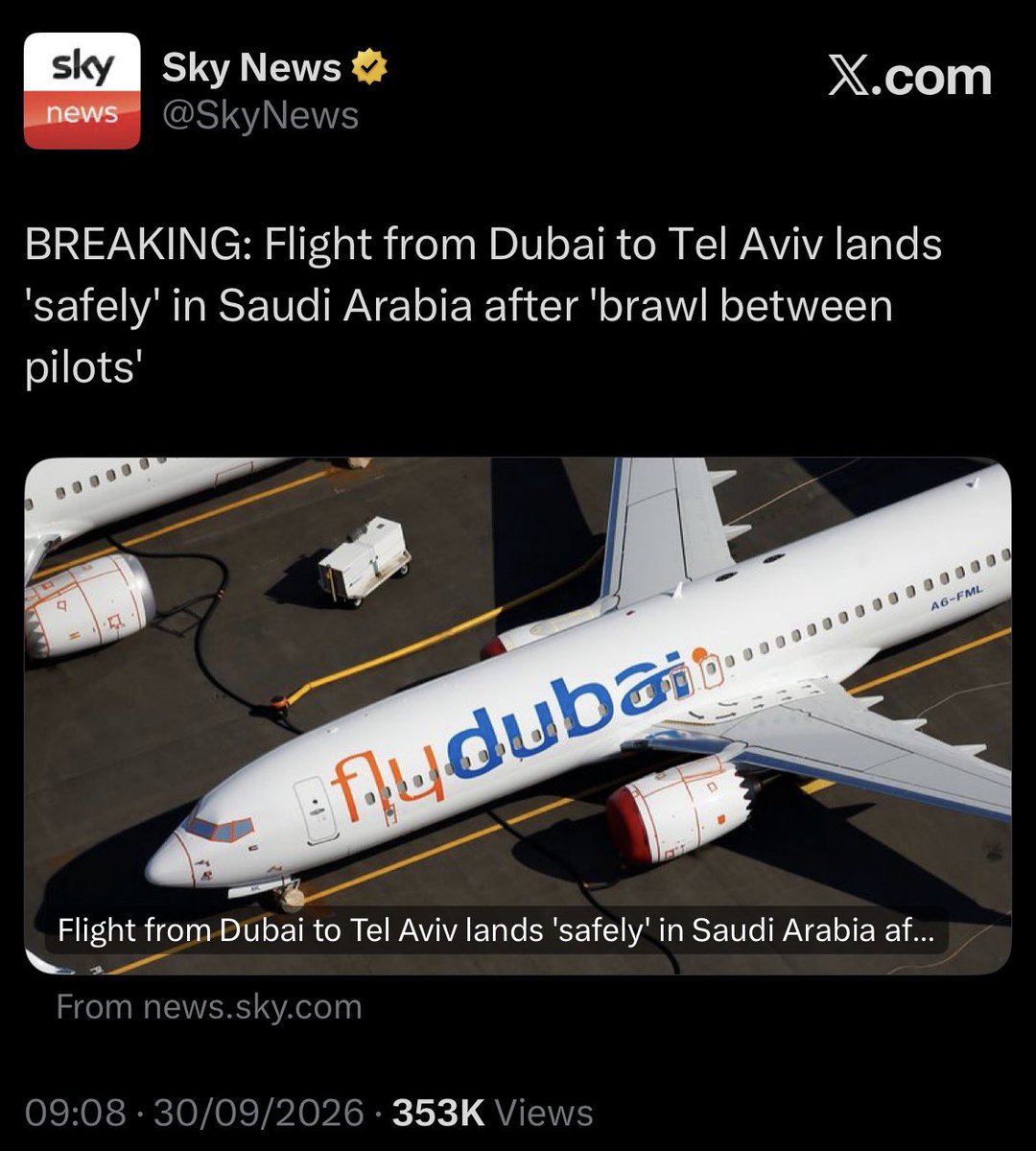ArchRose90's tweet photo. A 'brawl between pilots'?

The co-pilot tried to crash the plane whilst shouting Allahu Akbar.

Shameful from Sly News. https://t.co/2f61wRPyjz
