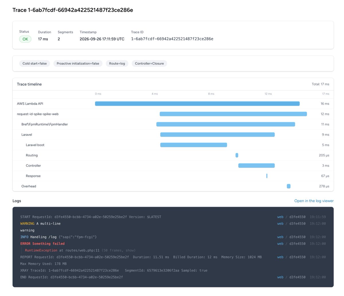 matthieunapoli's tweet photo. On Bref Cloud, opening a trace now also shows the logs for that invocation.

Timeline above, logs below. Warnings, errors, and stack traces without jumping to CloudWatch or a separate log viewer. https://t.co/xtGxooSeIg