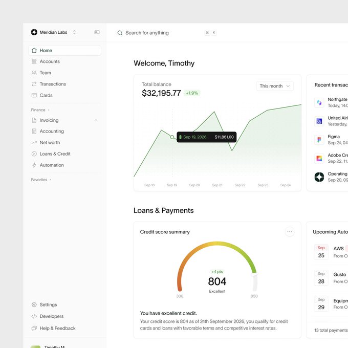 A financial dashboard interface for 'Meridian Labs' welcoming user Timothy, showing a total balance of $32,195.77, a credit score of 804 (Excellent), loan information, and recent transactions.