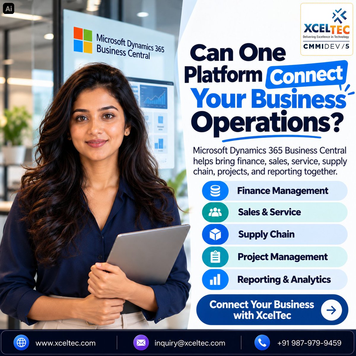 XcelTec's tweet photo. Connect Your Business with One Platform.
Microsoft Dynamics 365 Business Central helps manage:
• Finance
• Sales
• Supply Chain
• Projects
• Analytics
+91 987-979-9459 | inquiry@xceltec.com
#XcelTec #Dynamics365 #ERP https://t.co/RMZN9Q84Nu