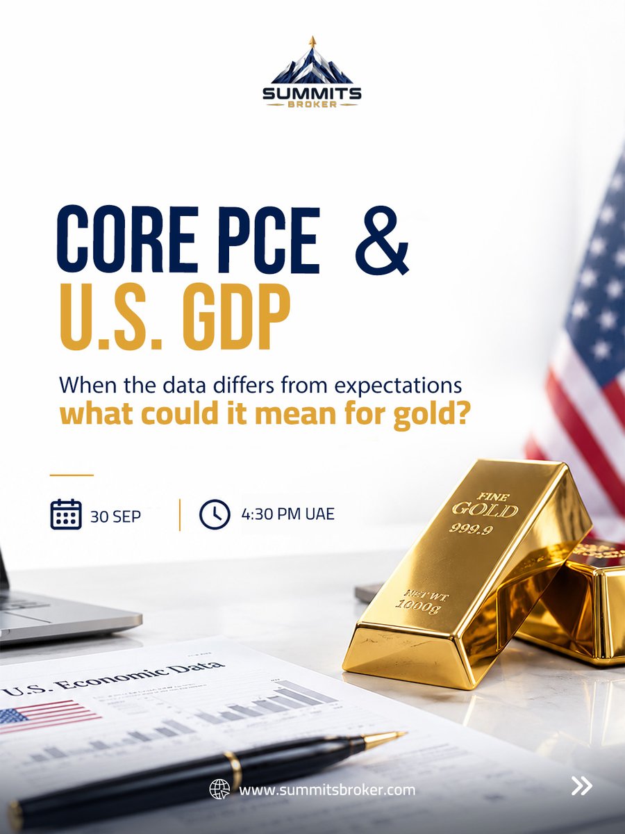 SummitsBroker's tweet photo. U.S. data today… what could it mean for gold?

Sep 30 | 4:30 PM UAE Time
Stronger than expected Core PCE &amp; GDP
Could support the dollar and pressure gold

For IBs: higher volatility, wider spreads and more margin pressure

#SummitsBroker #XAUUSD https://t.co/oOei0MXewh