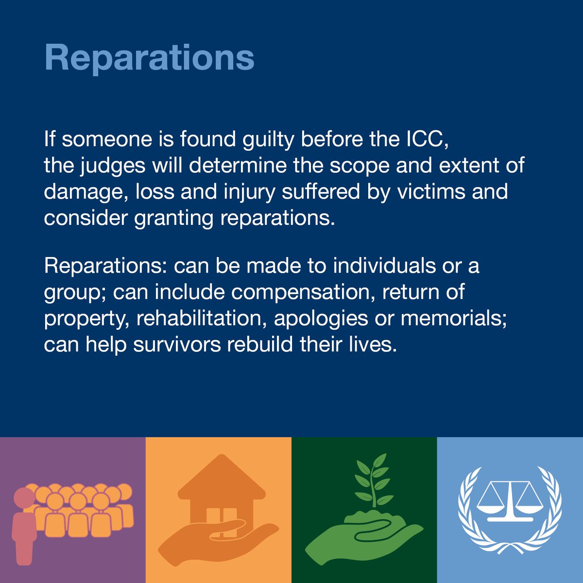 IntlCrimCourt's tweet photo. #ICCProcess: At the end of an #ICC trial, in case of a conviction, victims can seek reparations for the harm they have suffered. Learn more ➡️ https://t.co/DnM2kPJM7n https://t.co/hkH3Qks3F2