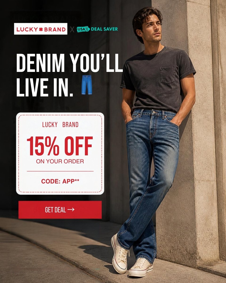usadealsaver's tweet photo. Denim that deserves a spot in your everyday rotation. 👖 Get 15% off your Lucky Brand order with code APP** and find your next go-to pair.

Ready for a denim refresh? Tap in and save with the latest deals on USA Deal Saver.

For more, visit:
https://t.co/QhQ5NwBsXV

#LuckyBrand https://t.co/AOEjAK67SZ