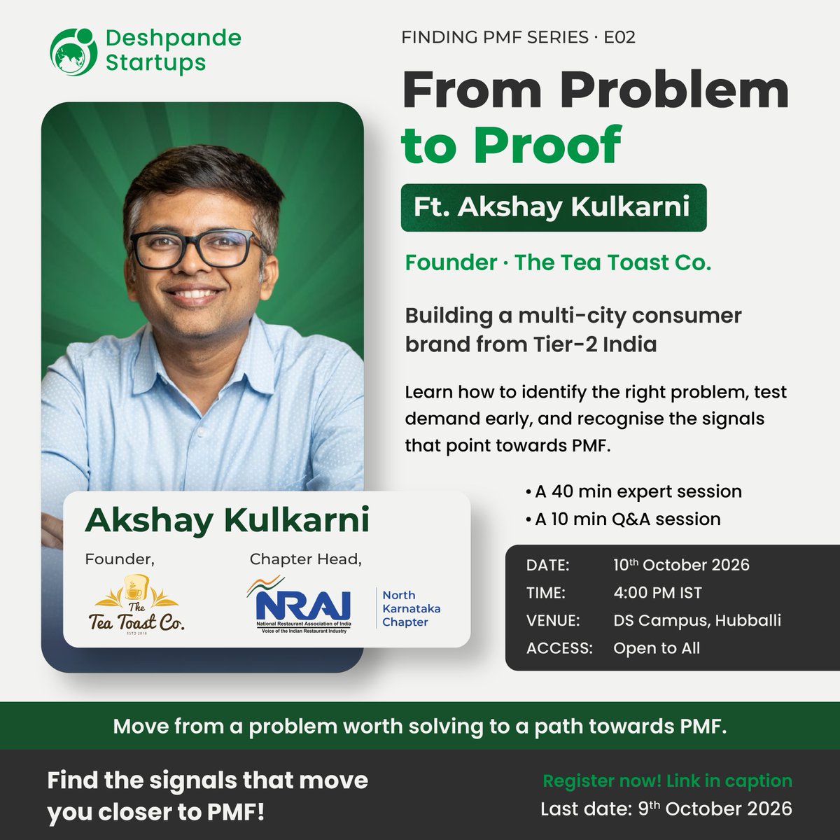 DFstartups's tweet photo. How do you know you’re actually getting closer to Product-Market Fit?

Join us for Finding PMF · Session 02: From Problem to Proof with Akshay Kulkarni, Founder of The Tea Toast Co.
• 10 Oct| 4:00 PM
• DS Campus, Hubballi

Register Now: https://t.co/RjaZ6I2488

#FindingPMF https://t.co/QnbhLvGQAt