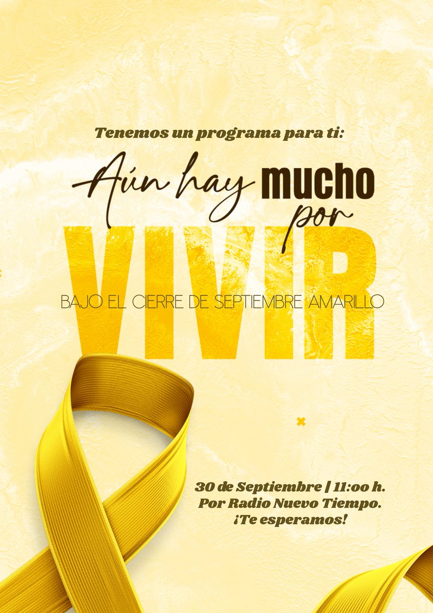 ntchile's tweet photo. 💛 No estás solo. Tu vida importa y Dios está contigo.
Este 30 de septiembre, a las 11:00 h, acompaña a Radio Nuevo Tiempo Chile en un programa sobre #saludmental y #prevención del suicidio, con especialistas.
▶️ https://t.co/fhvF109cpK

#SeptiembreAmarillo https://t.co/aq2LS6EEUf