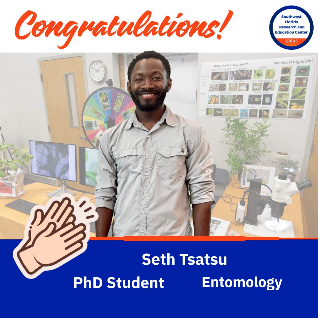 SWFREC's tweet photo. Congratulations to Seth Tsatsu on successfully passing his PhD qualifying exam!

His research, “Integrating Fungal Entomopathogens into Citrus Pest Management,” marks an exciting step forward in his doctoral journey under the guidance of Dr. Jawwad Qureshi.

Well deserved! https://t.co/YuAYQge8Tw