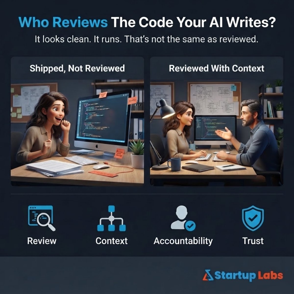 StartupLabsLtd's tweet photo. Who reviews the code your AI writes?

It looks clean. It runs. That's not the same as reviewed.

AI can't tell you if a shortcut quietly reintroduces a risk someone fixed six months ago. Speed isn't the problem. Speed without anyone checking is.

#BuildInPublic #AI #Founder https://t.co/Dp81LsyGeB