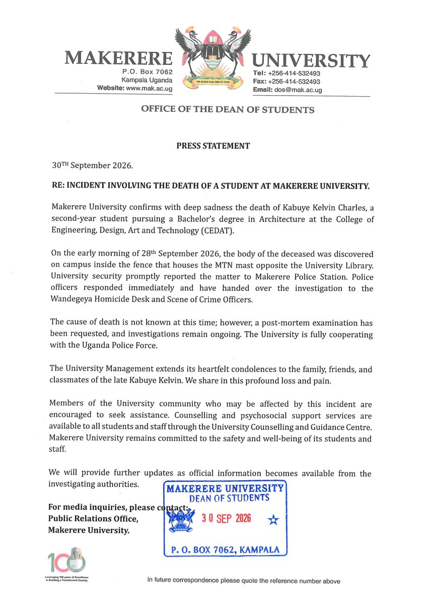 Makerere's tweet photo. PRESS STATEMENT: INCIDENT INVOLVING THE DEATH OF STUDENT, KABUYE KELVIN CHARLES