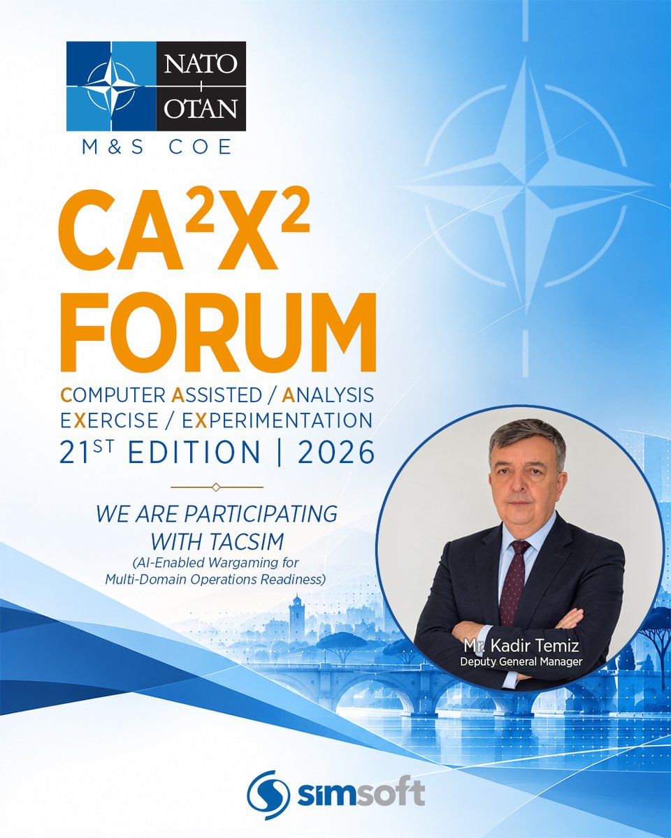 SimsoftOfficial's tweet photo. Simsoft is participating in the 21st NATO CA2X2 Forum, organized by @MSCOE_NATO.

Our Deputy General Manager, Kadir Temiz, will present “TACSIM: AI-Enabled Wargaming for Multi-Domain Operations Readiness."

#Simsoft #ModellingAndSimulation #CA2X2Forum https://t.co/VwtJPbnEqJ
