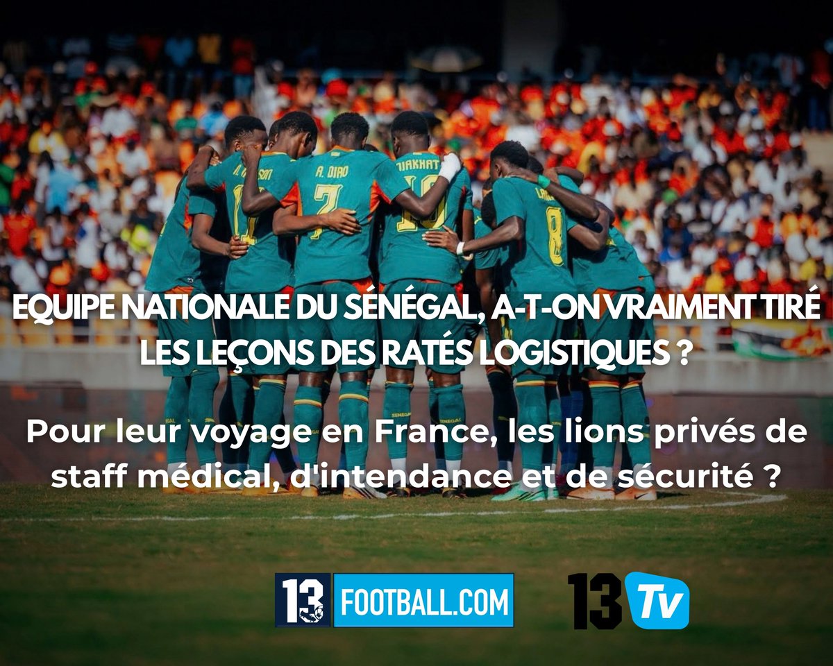 13footballC's tweet photo. Info 13football :

La sélection nationale du Sénégal 🇸🇳 serait privée d’une partie de son dispositif d’intendance, de son staff médical et de sa sécurité, en raison de problèmes liés aux visas. Lors de leur transit à Addis-Abeba, joueurs et membres du staff auraient également été contraints de prendre eux-mêmes en charge leurs bagages.  A-t-on vraiment tiré des leçons du dernier mondial où l'échec des lions a aussi été causé par des failles logistiques? Pour rappel dans le cadre de cette fenêtre internationale, le Sénégal doit rallier Marseille pour affronter les Comores, le 4 octobre prochain. #13football #13TV