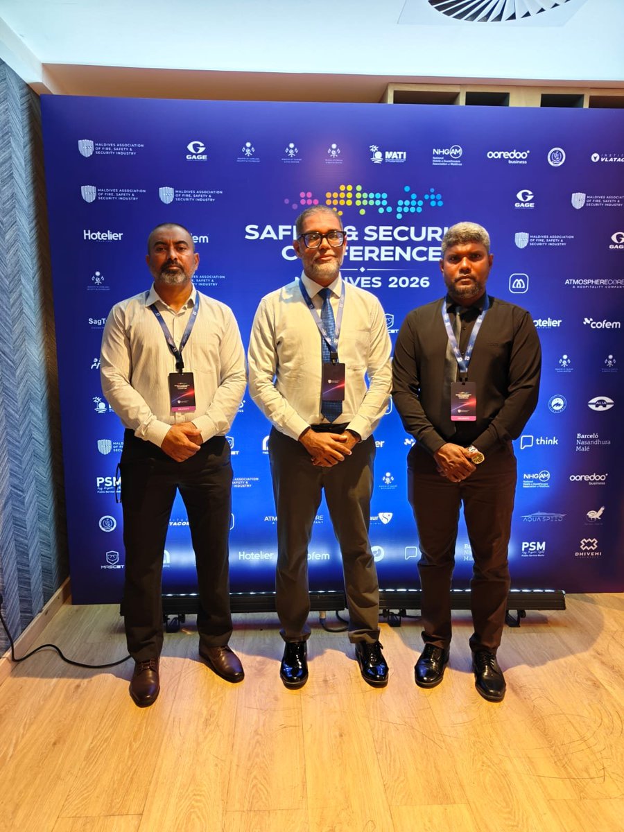 CorrectionsMv's tweet photo. Superintendent of Prisons Ibrahim Nashid, Deputy Superintendent of Prisons Ahmed Jaadhulla and Assistant Superintendent of Prisons Ibrahim Ismail of Maldives Correctional Service take part in "The Safety & Security Conference Maldives 2026" held from 29-30th September 2026 at Barcelo Nasandhura. Hosted by @MafssiMv , the Conference brought together industry leaders, government stakeholders, tourism operators, safety professionals and solution providers from across the sector.

@HomeMinistrymv

#SafetyAndSecurityConferenceMaldives2026 #BuildingASaferMoreResilientDestination