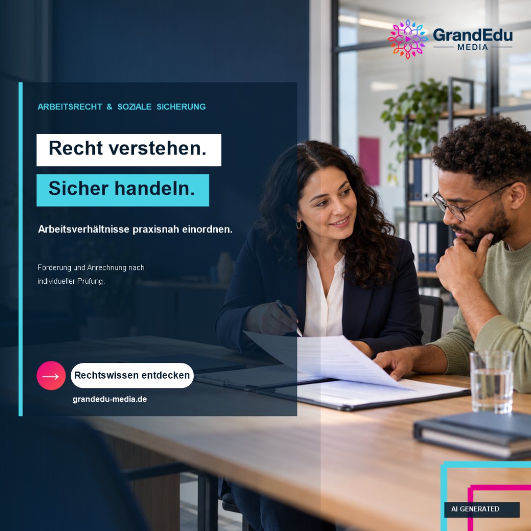 GrandEduMedia's tweet photo. Werbung: Arbeitsrecht wird im Berufsalltag konkret – vom Vertrag bis zur Mitbestimmung. Der Live-Online-Kurs schafft ein praxisnahes Fundament. Förderung und Anrechnung individuell. https://t.co/v1mnu6rFjV https://t.co/4VYGVlyt9w