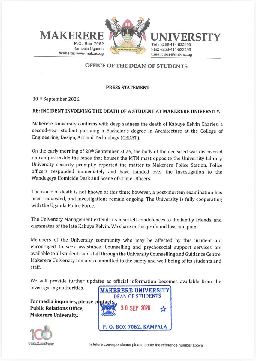 DOS_Makerere's tweet photo. We are saddened by the death of our dear student Mr. Kabuye. May the Lord comfort all of us and rest his soul in peace. https://t.co/QbufPqN5u9