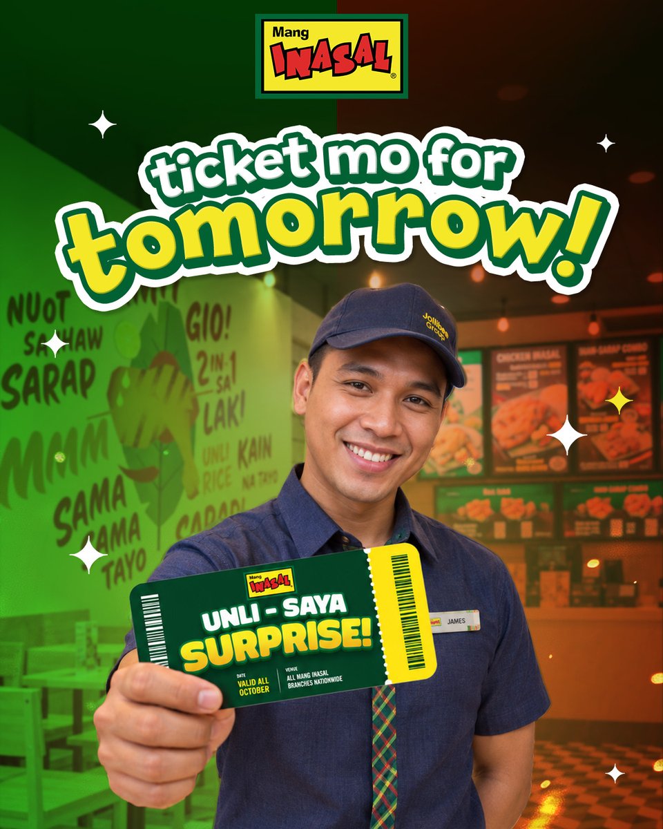 MangInasalPH's tweet photo. UY, CONGRATS! 🤩

We are giving you this ticket para magamit mo siya buong October! Pero, for what? We’ll find out!

#ILoveMangInasal 💚💛 https://t.co/LdxInyxrtY