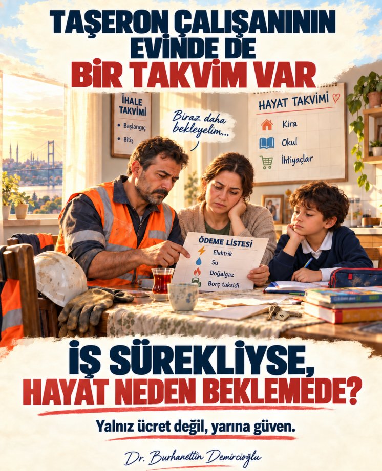 bdemircioglu's tweet photo. TAŞERON ÇALIŞANININ EVİNDE DE BİR TAKVİM VAR

İhale takviminde sözleşmenin başlangıcı ve bitişi yazıyor.

Taşeron çalışanın evindeki takvimde ise kira günü, çocuğun okul kaydı, ödenecek borç, ertelenen ihtiyaç ve kurulmak istenen bir hayat var.

İşin sözleşmesi hazırlanırken bu takvim ne kadar hesaba katılıyor?

Bir çalışanın “Gelecek ay burada olacak mıyım?” sorusu, evine girdiğinde de onunla birlikte yaşıyor. Sofraya oturuyor, aile bütçesine giriyor, çocukları için vereceği kararları etkiliyor.

Çünkü insan yalnızca bugünün ücretine göre yaşamıyor. Yarın da gelirinin devam edeceğini bilerek karar veriyor.

Ev tutarken, çocuğunu bir okula kaydettirirken, bir ihtiyacını taksitle alırken önünü görmek istiyor. İşinin geleceği belirsiz kaldığında, en sıradan ihtiyaç bile zor bir karara dönüşebiliyor.

Bu nedenle taşeron çalışanın yaşadığı belirsizliğin bedelini yalnız bordrodan okuyamayız. Ertelenen planlara, vazgeçilen ihtiyaçlara ve evde tekrar tekrar konuşulan “Biraz daha bekleyelim” cümlesine de bakmalıyız.

Sürekli beklemek, hayatın kendisini ertelemektir.

Üstelik belirsizlik içindeki çalışan, işyerinde bir sorun gördüğünde bunu dile getirirken de yarınını düşünmek zorunda kalabilir. “Hakkımı söylersem işim ne olur?” kaygısı, insanın sesini içine hapsetmemelidir.

Bir istihdam düzeninin başarısı, hizmetin zamanında tamamlanmasıyla birlikte o hizmeti veren insanın hayatını kurabilmesiyle de değerlendirilmelidir.

Yolun bakımını planlıyoruz. Hastanenin hizmetini planlıyoruz. Kurumun ihtiyacını planlıyoruz.

Peki, bütün bunları gerçekleştiren çalışanın kendi hayatını planlayabilmesi için ne yapıyoruz?

Taşeron çalışan, evine yalnız ücret götürmek istemiyor. Yarına ilişkin güven de götürmek istiyor.

İŞ SÜREKLİYSE, HAYAT NEDEN BEKLEMEDE?