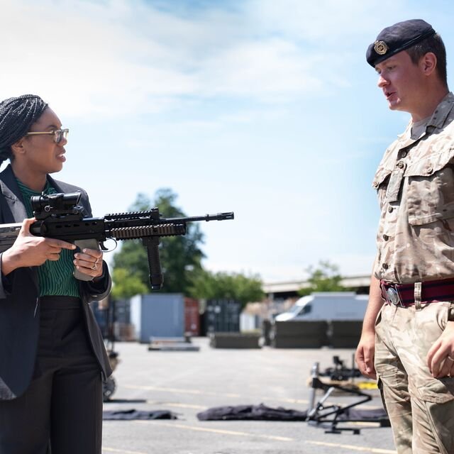 Steve_Laws_'s tweet photo. Look how his eyes are on her hands. He doesn't trust her with that weapon one bit.

Can you blame him? https://t.co/mrXZfePAkx