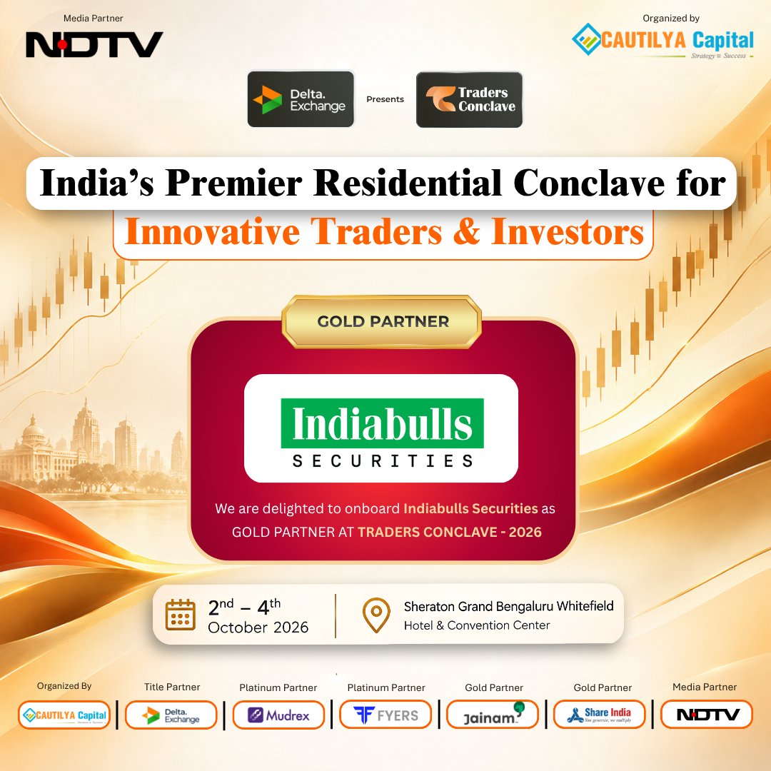 TradersgurukulC's tweet photo. 🎉 Delighted to onboard @Indiabullssec as Gold Partner of Traders Conclave 2026!

📅 2–4 Oct 2026
📍 Sheraton Grand Bengaluru Whitefield
🎟️ Limited Seats: https://t.co/IMKywCWDQE
#TradersConclave2026 #IndiabullsSecurities #CautilyaCapital https://t.co/S7esCcVlo3