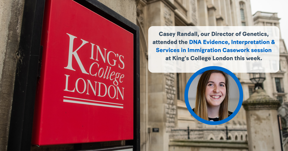 AlphaBioLabs's tweet photo. On Monday (28 Sept), our Director of Genetics, Casey Randall, attended DNA Evidence, Interpretation & Services in Immigration Casework at @KingsCollegeLon, where new research into how DNA evidence is produced, interpreted, and used in UK immigration cases was presented.
 
As a Ministry of Justice approved provider of accredited immigration DNA testing (including for complex relationship testing), with all analysis performed at our purpose-built laboratory in Warrington, Cheshire, we were pleased to contribute to the research and are proud to be part of the conversation around transparency and best practice.
 
Casey said, after the session: “What came across clearly is that a DNA test is never just a lab result for these families. It’s an increasingly relevant piece of evidence to obtain, and getting every step right, from sample collection to a clear, well-explained report, can make all the difference to a family being reunited.”
 
Thank you to King's College London for hosting the event and to everyone who shared their experience and expertise.
 
#DNAtesting #ImmigrationLaw