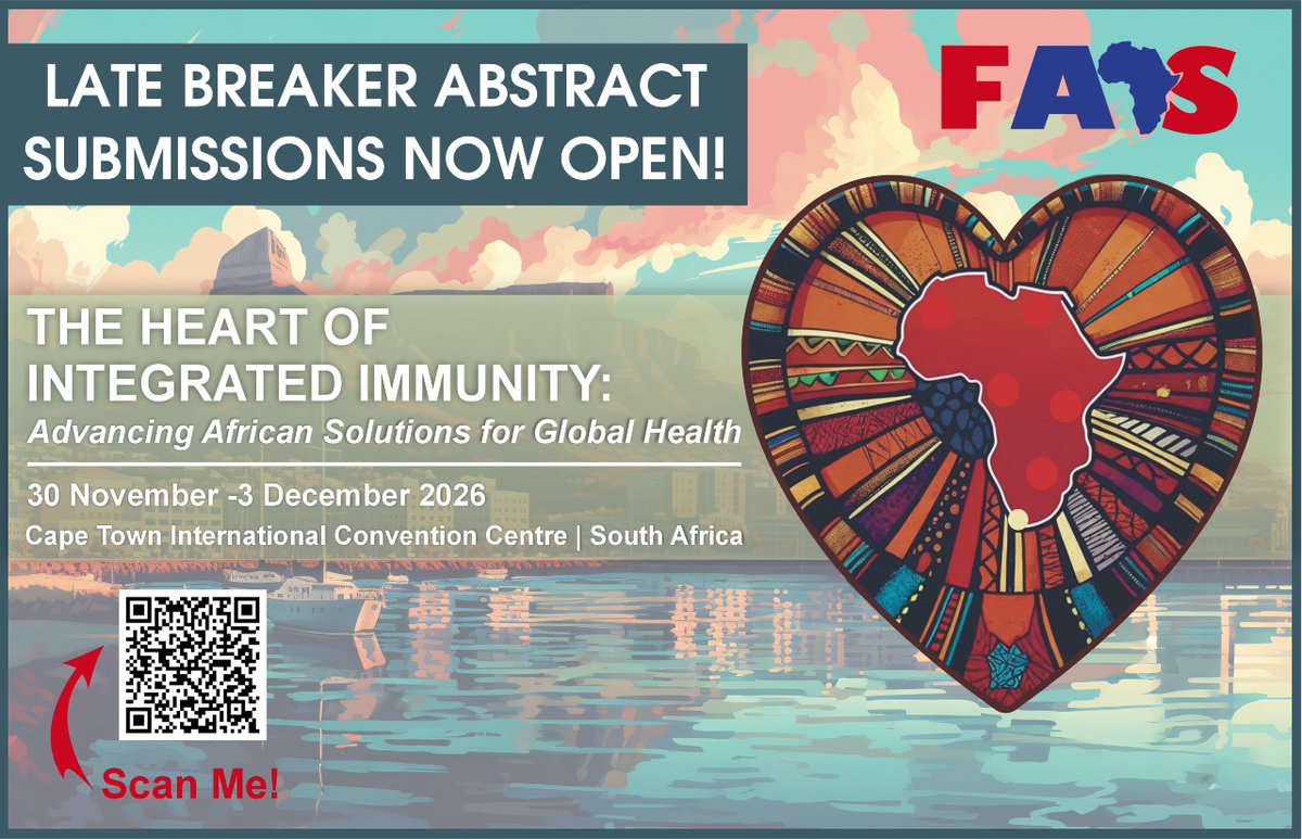 FAISAfrica's tweet photo. 🚨 #FAIS 2026 is accepting LATE-BREAKER ABSTRACTS! Showcase your research in Cape Town. Deadline: 18 Oct 2026. Submit now and join the scientific programme!
https://t.co/MZcChjctgX
#FAIS2026 #Immunology #CallForAbstracts #AfricanScience #LateBreakerAbstracts #GlobalHealth https://t.co/meMpFAcOCW