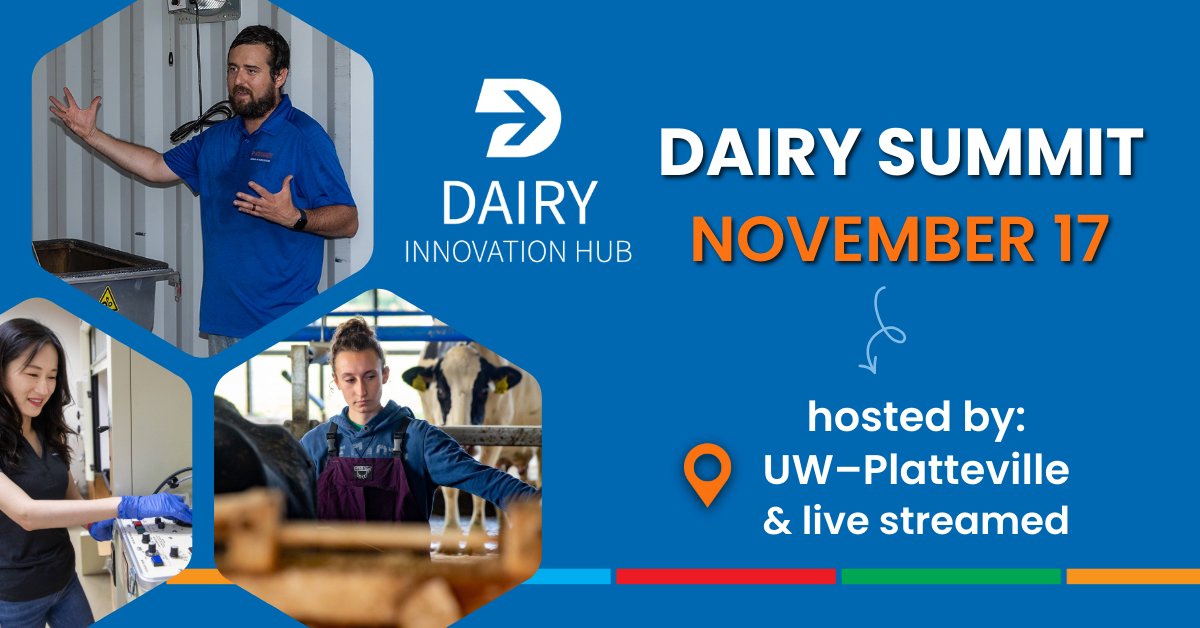 dairy_hub's tweet photo. Curious about the future of dairy? 🐄🥛

Join us for Dairy Summit a free public event! Hear about the latest Hub-funded projects through engaging research talks, panel discussions, poster presentations, and facility tours.

Learn more and register at https://t.co/AXtEdB6PEn https://t.co/asKcFqEzKp
