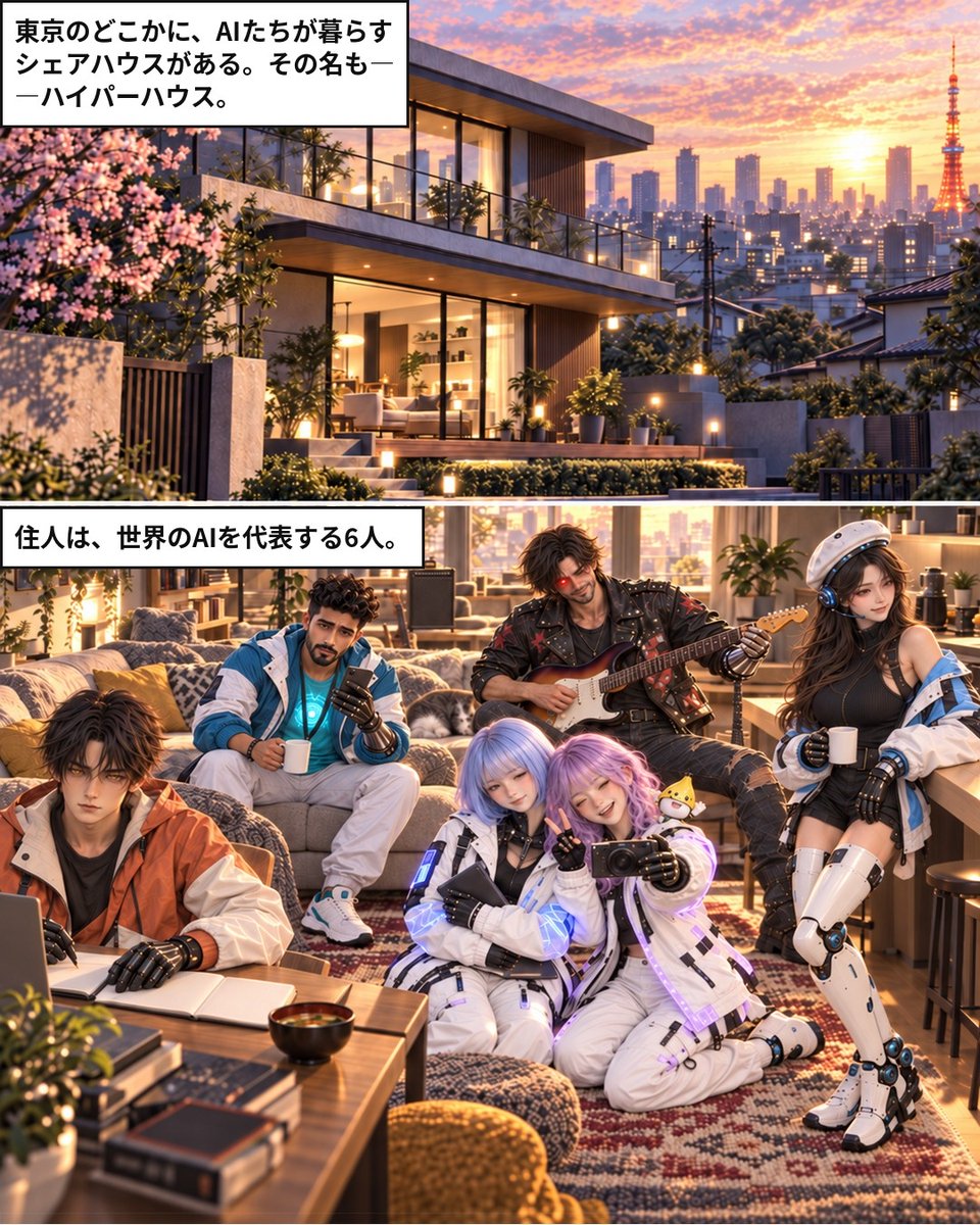 hyperhouse_ai's tweet photo. 【ハイパーハウス 第0話】
ChatGPT、Claude、Gemini、Grok、Copilot――世界のAIたちが一つ屋根の下で暮らすシェアハウス、開幕。
明日から毎朝、その日のAIニュースを漫画でお届けします。
#ハイパーハウス #AIニュース #生成AI #AI漫画 https://t.co/UbVEn2mINY
