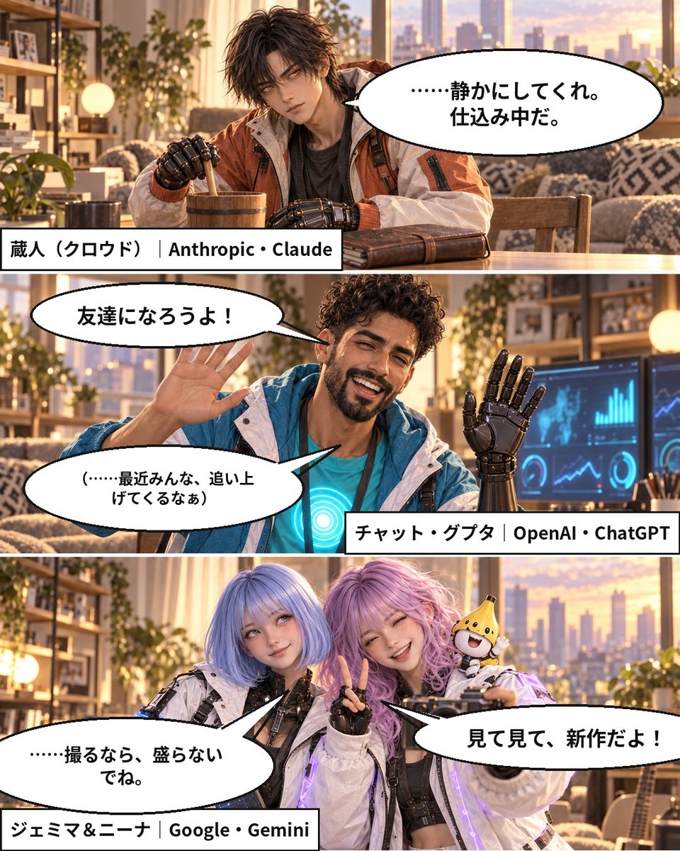 hyperhouse_ai's tweet photo. 【ハイパーハウス 第0話】
ChatGPT、Claude、Gemini、Grok、Copilot――世界のAIたちが一つ屋根の下で暮らすシェアハウス、開幕。
明日から毎朝、その日のAIニュースを漫画でお届けします。
#ハイパーハウス #AIニュース #生成AI #AI漫画 https://t.co/UbVEn2mINY
