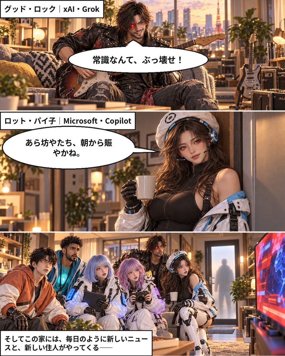 hyperhouse_ai's tweet photo. 【ハイパーハウス 第0話】
ChatGPT、Claude、Gemini、Grok、Copilot――世界のAIたちが一つ屋根の下で暮らすシェアハウス、開幕。
明日から毎朝、その日のAIニュースを漫画でお届けします。
#ハイパーハウス #AIニュース #生成AI #AI漫画 https://t.co/UbVEn2mINY