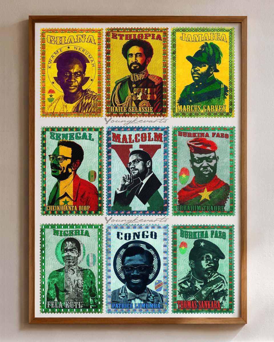 YoungKev_Arts's tweet photo. 9 stamps. 9 revolutionaries. 1 legacy. 🇬🇭🇪🇹🇯🇲🇸🇳🇧🇫🇳🇬🇨🇩🇺🇸

Sankara lived it. 
Nkrumah built it. 
Garvey dreamt it. 
Selassie hosted it.
Malcolm took it abroad. 
Traore carries it forward. ✊🏾 https://t.co/wfIvarDafZ