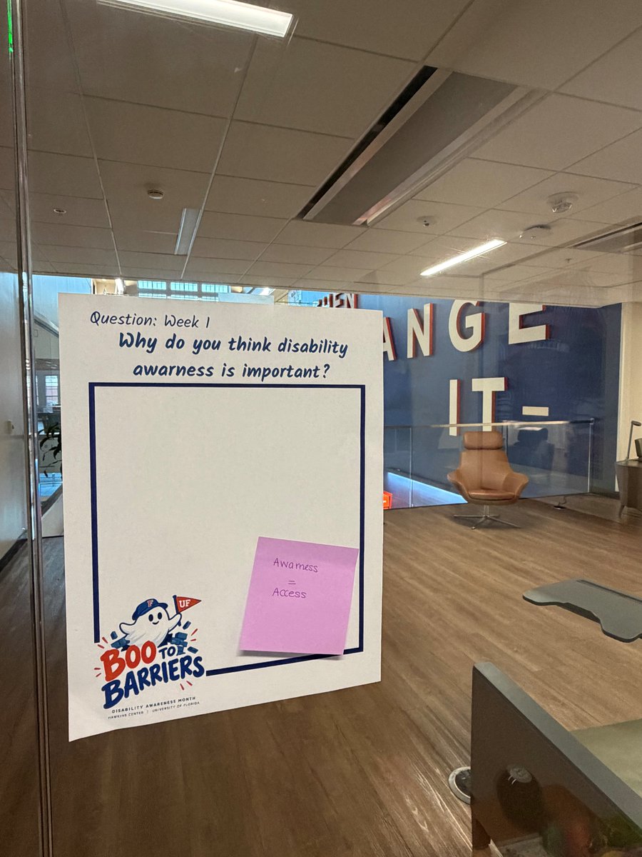 GatorsLearn's tweet photo. Boo to Barriers is on the move! Our first office bulletin board is up and ready to engage staff and students throughout Disability Awareness Month. This week’s question: “Why do you think disability awareness is important?” https://t.co/RnPp4oPJjF