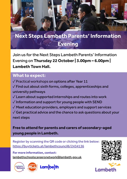 Flyer for the Next Steps Lambeth Parents' Information Evening on 22 October at Lambeth Town Hall.