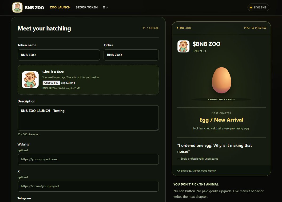 BNBzoos's tweet photo. Building a new way to launch memes on BNB Chain. 

Every token starts as an egg in the Zoo, then market behavior decides what it becomes.

Go wild, cool off, get sick, recover, come back causing chaos. The market writes the story. https://t.co/CNFQx3F9io