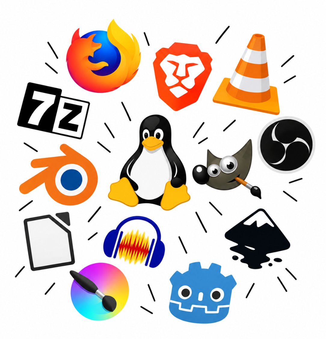 twtayaan's tweet photo. The saints of free software 🫡

- Linux
- VLC
- Firefox
- Brave
- 7-Zip
- OBS Studio
- Blender
- GIMP
- Audacity
- LibreOffice
- Inkscape
- Krita
- Godot

They could've charged us. They chose freedom instead. https://t.co/0k464wnMeb