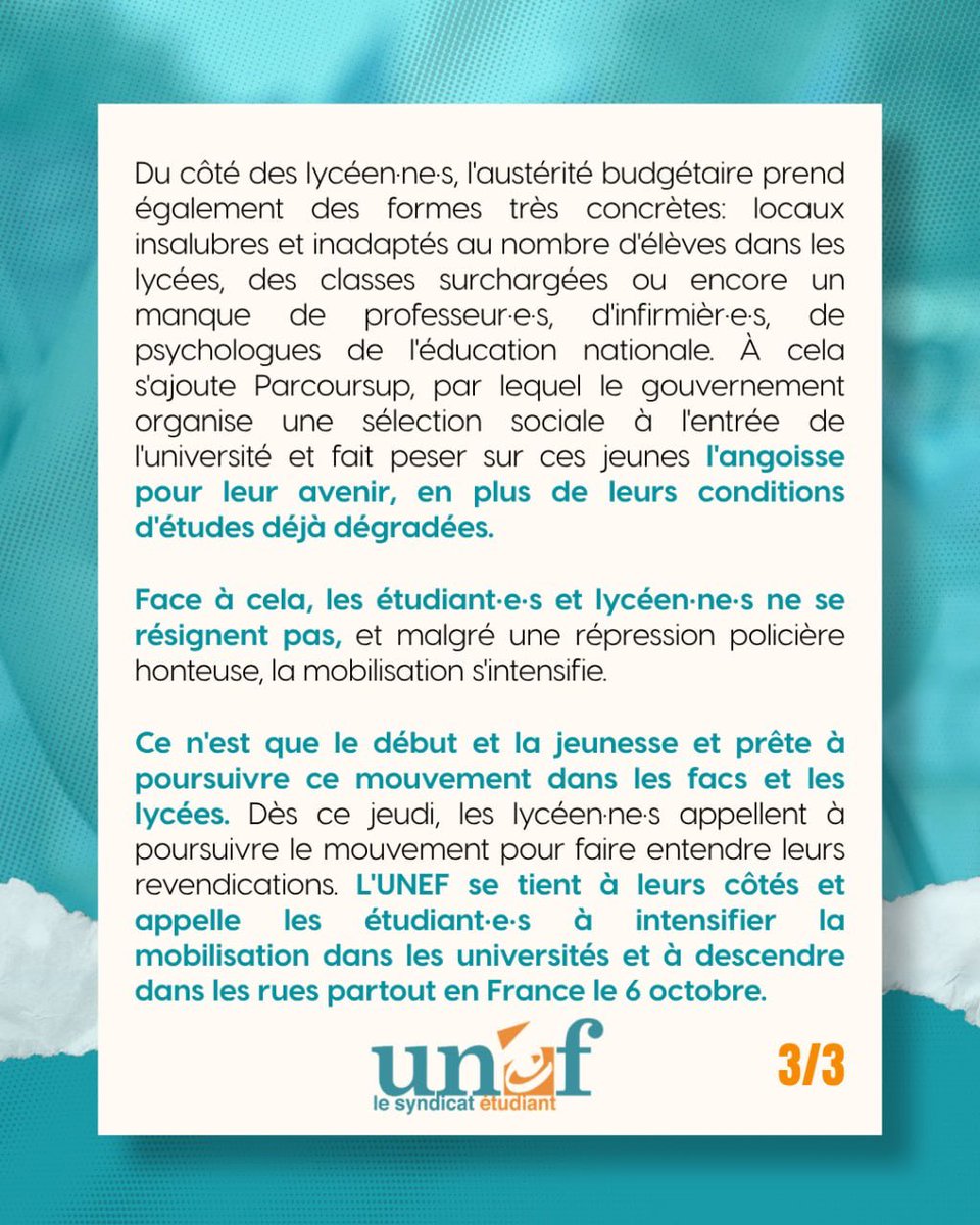 UNEF's tweet photo. Après plusieurs jours de mobilisation, la jeunesse est sortie massivement dans la rue hier. Il faut que la mobilisation s’intensifie, rendez-vous le 6 octobre dans la rue ! https://t.co/HlGo1zSwe0