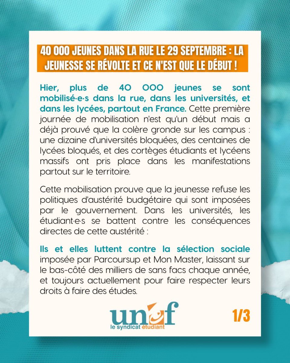 UNEF's tweet photo. Après plusieurs jours de mobilisation, la jeunesse est sortie massivement dans la rue hier. Il faut que la mobilisation s’intensifie, rendez-vous le 6 octobre dans la rue ! https://t.co/HlGo1zSwe0