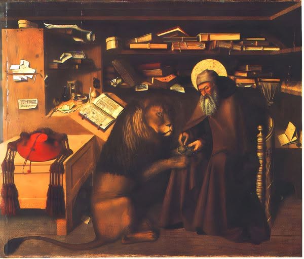 GChurchHistory's tweet photo. Today is the feast of St. Jerome who was born in Illyria. His father Eusebius hoped that he would love the Bible instead of pagan works, so he moved to Rome at the age of thirteen to be closer to the centres of pagan civilisation. He became a Christian instead and was baptised that year, but he lived like a pagan for some time. Out of guilt, he often went into the desert to live ascetically, but he also took his pagan library. This continued until he journeyed into Syria, where he starved himself to death, unable to assuage his guilt.

Jerome went to Heaven and told Jesus that he was a Christian but Jesus replied “You are a liar, I know that you are a Ciceronian”. Jerome begged “Have mercy on me LORD, have mercy on me!” and he promised to only study holy things, especially the Scriptures.

He awoke, with his family mourning him. Jerome never bought or read pagan books again. He went to Bethlehem to found two monasteries, one for men and the other for women. Together, they would investigate the Scriptures. Jerome completed a new translation of the Bible into Latin, the Vulgate, which served Europe for over a thousand years.

Far from his turbulent youth, the elderly Jerome was so peaceful that one day a lion walked into his study. He had a thorn in his paw and didn’t know who else to turn to. Jerome removed the thorn and the lion became a lifelong companion. The Scriptures had transformed Jerome into a different man!

ℭ𝔬𝔩𝔩𝔢𝔠𝔱
O everlasting God, who hast ordained and constituted the Ministries of angels and men in a wonderful order: Mercifully grant that, as thy holy angels always serve and worship thee in heaven, so by thy appointment they may help and defend us on earth; through Jesus Christ our Lord, who liveth and reigneth with thee and the Holy Spirit, one God, for ever and ever. ᴀᴍᴇɴ.

𝔒𝔯 𝔢𝔩𝔰𝔢 𝔱𝔥𝔦𝔰:
O God, who gave us the holy Scriptures as a light to shine upon our path: Grant us, after the example of your servant Jerome, so to learn of you according to your holy Word, that we may find the Light that shines more and more to the perfect day; even Jesus Christ our Lord, who lives and reigns with you and the Holy Spirit, one God, now and ever. ᴀᴍᴇɴ.