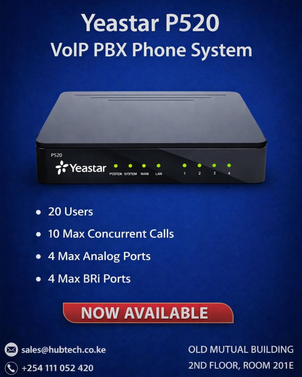 HubtechS's tweet photo. Boost your business communication with Yeastar P520 VoIP PBX.   
✔️ 20 Users 
✔️ 10 Concurrent Calls 
✔️ 4 Analog Ports 
✔️ 4 BRI Ports
https://t.co/S2qadb02i3
0142042547/ sales@hubtech.co.ke https://t.co/0fdqCM4E3Y