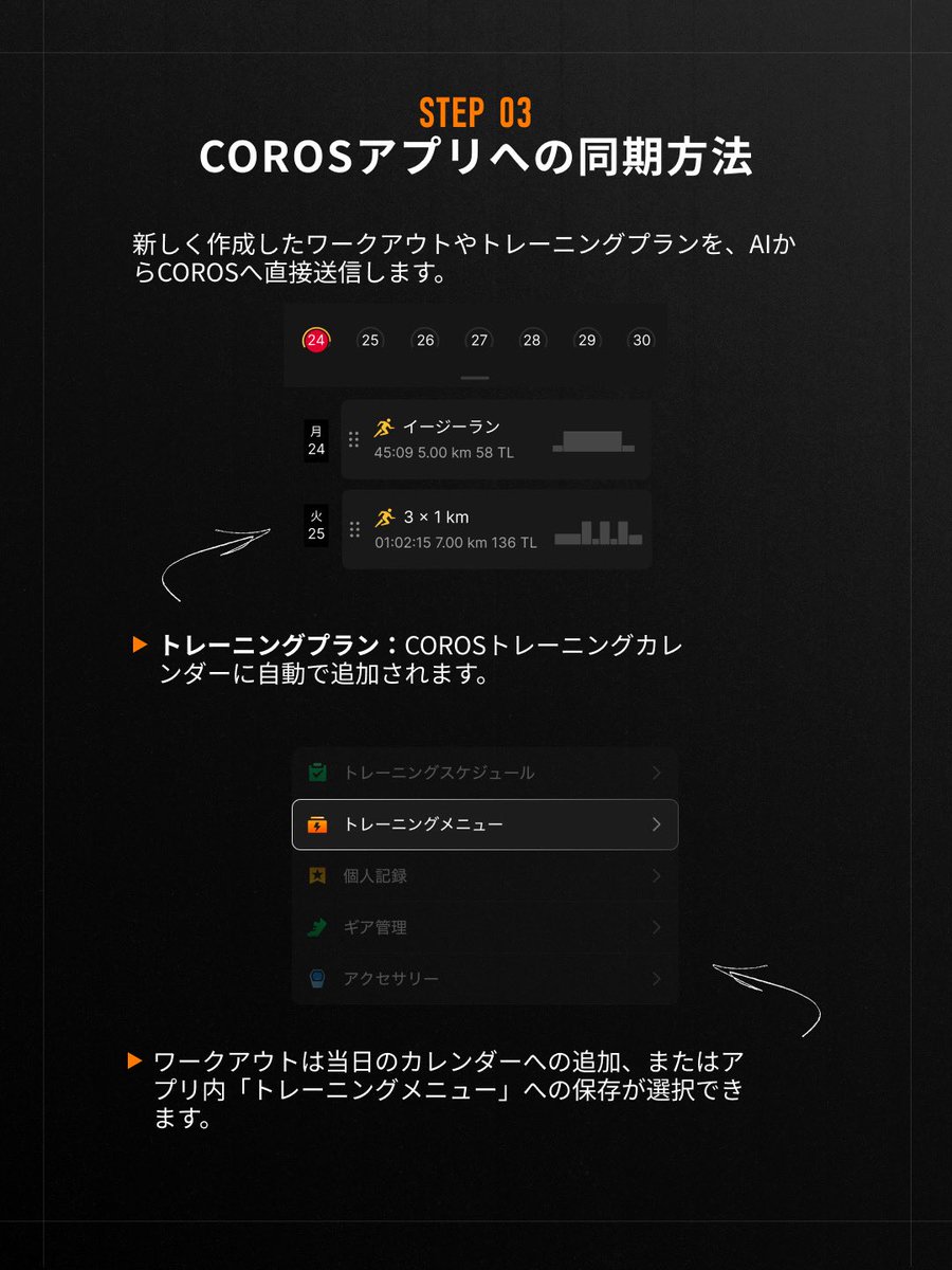 COROSJapan's tweet photo. 📢 COROSユーザー必見！👀

COROSアカウントを、ClaudeやChatGPT等のAIツールと連携できます！

さらに一歩進んで、AIツールからワークアウトやトレーニングプランを作成し、そのままCOROSアプリへ送信可🤖⌚

トレーニングの可能性は、もっと広がります。次のシーズンには、AIを活用してみませんか？ https://t.co/UzuKjVtoV9