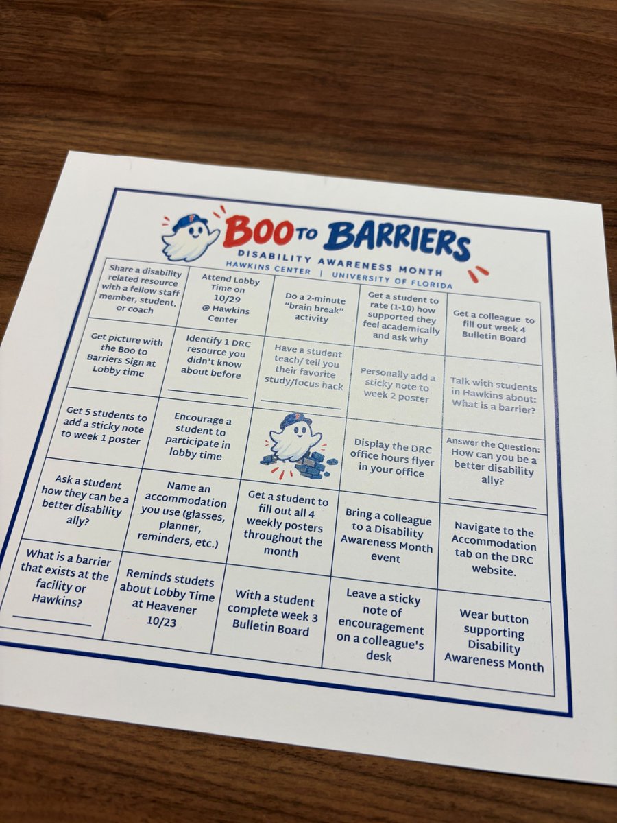 GatorsLearn's tweet photo. Our academic advisors in the Hawkins Center are getting into the spirit of Boo to Barriers Disability Awareness Month! 👻 They’re completing their Bingo card this month by learning, connecting, and taking action to promote accessibility, advocacy, and disability awareness. https://t.co/LkUYrKMPxt
