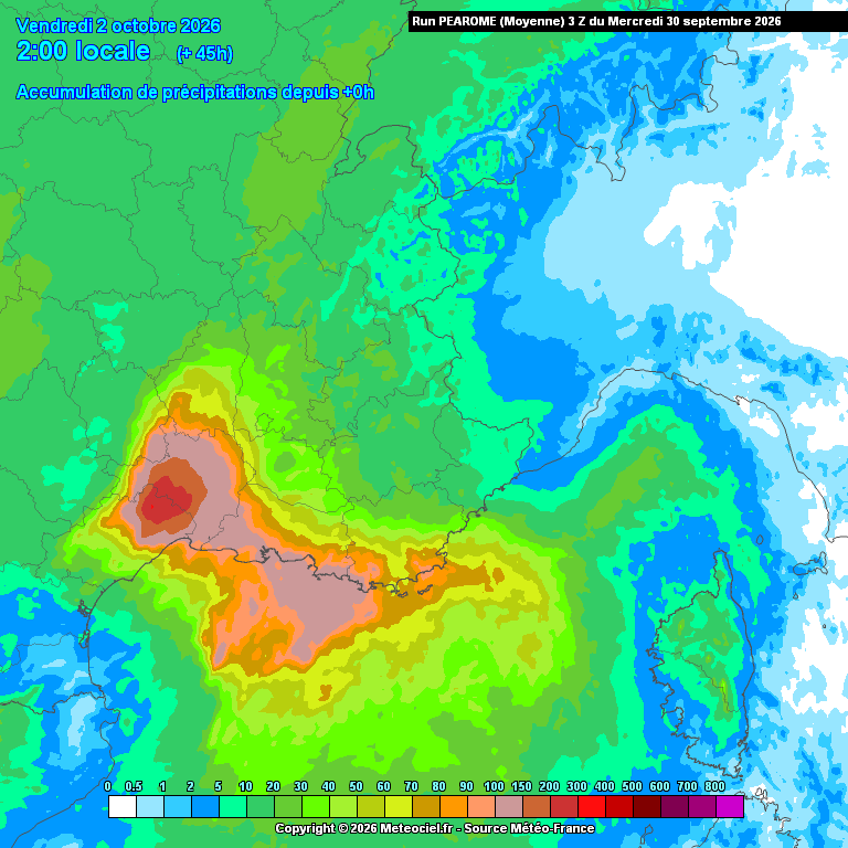 La_Meteo_du_13's tweet photo. Situation à surveiller de près la nuit prochaine entre l'Ouest du 13 et la Côte Bleue où le risque d'orage stationnaire sera particulièrement important.

Si cela se produit, des cumuls de plus de 200mm en 3H seront possibles. Avec une possible aggravation du niveau de vigilance.

À suivre.

Image : Accumulation de précipitations via arome (ensemble)