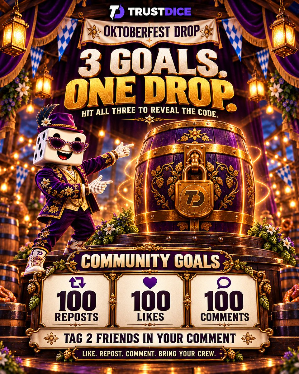 TrustDice's tweet photo. 🔐🥨 100 CLAIMS LOCKED INSIDE. LET’S OPEN IT!
🔗 https://t.co/Kn2asRlTyK

We need:
🔁 100 reposts
❤️ 100 likes
💬 100 comments

Tag 2 friends in your comment 👯

Hit ALL THREE goals to unlock the code! Then it’s a race for 100 claims 👀🔥 https://t.co/QKKHnCVTMK