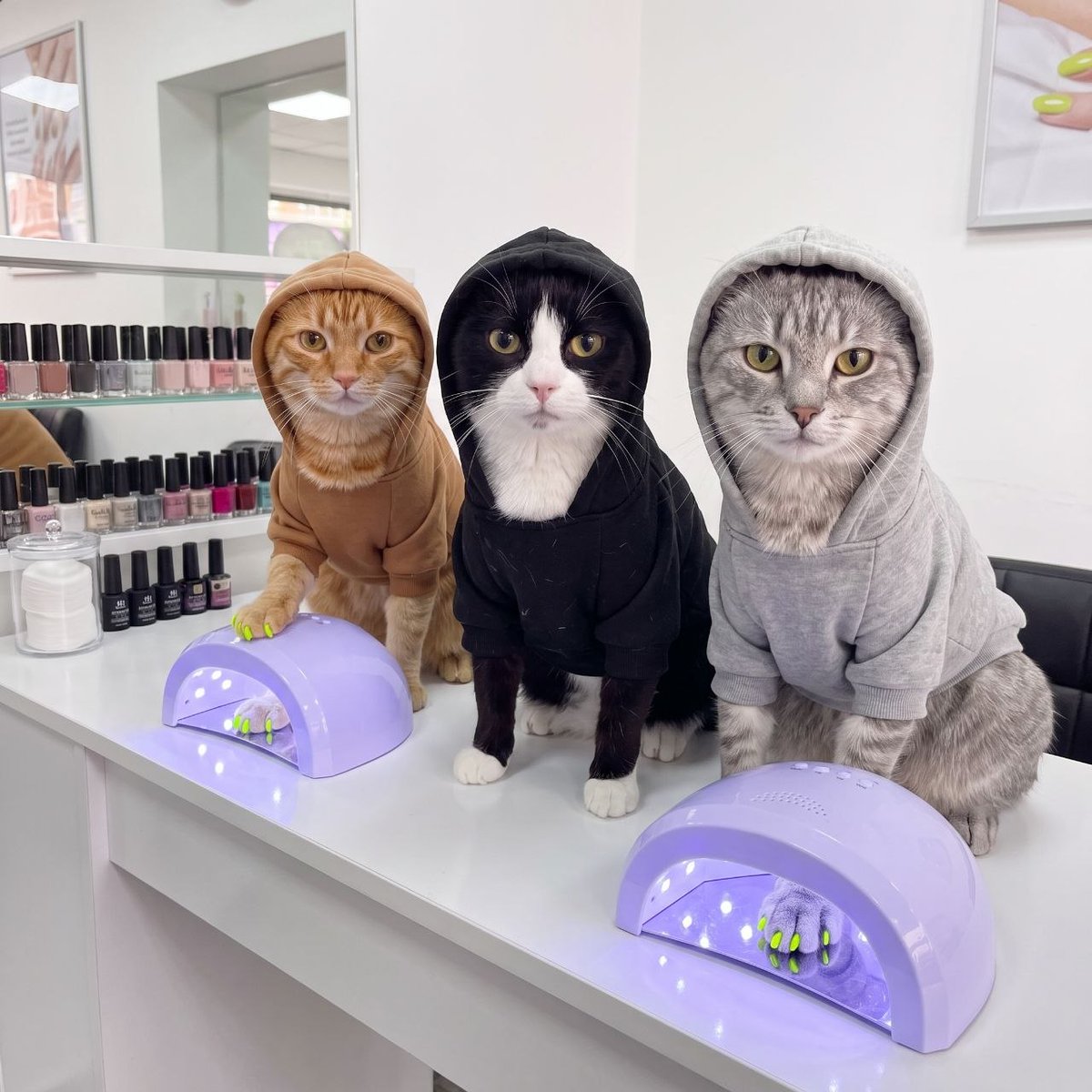 HoodCatsGang's tweet photo. The lamp sets the polish in sixty seconds, and nobody is telling them the sixty seconds are up https://t.co/X1lGOORZdu