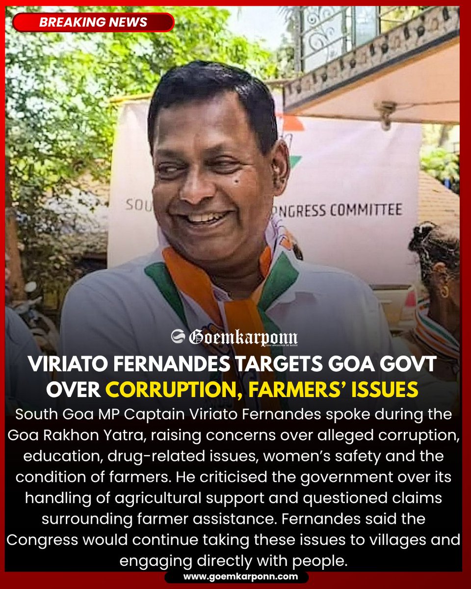goemkarponnlive's tweet photo. Viriato Fernandes Targets Goa Govt Over Corruption, Farmers’ Issues

#ViriatoFernandes #GoaRakhonYatra #GoaCongress #FarmersIssues #Goemkarponn https://t.co/4TBTptKirs