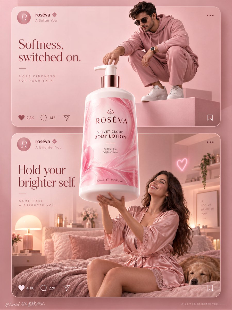 ou_zhen599's tweet photo. A social-style campaign feels like a brand world when the product is allowed to break the feed.
🌸 one oversized bottle centered on the shared axis, overlapping both stacked cards and extending beyond their internal scene boundaries
The bottle becomes the bridge between two moods instead of a product pasted into two separate posts.
✨ keep interface bars and interaction icons thin, low-contrast, and pinned to the card edges—not the product center
The UI reads as structure, not decoration. Your eye stays on the label, while the cards still feel instantly social-native.

GPT- image 2.5 prompt👇
A premium social-first beauty campaign poster for fictional body-care brand ROSÉVA, merging emotional lifestyle softness, material precision, and curated minimalism into one image. Preserve the exact structure: two large stacked social-media-style cards inside a monochrome blush-pink world, one oversized hero pump bottle breaking through the center and overlapping both cards, simplified interface bars at the top of each card, and minimal interaction icons below. The product is the absolute visual leader and bridges the two scenes.

Top card: a stylish adult man in a monochrome rose-pink fashion look crouches on a clean pink pedestal in a minimal editorial studio, reaching toward the giant bottle as if switching it on or claiming it. He wears a refined pink hoodie, tailored pink trousers, clean white sneakers, dark sunglasses, and a polished modern watch. His pose is sculptural, compact, controlled, and fashion-led, with strong negative space. Bottom card: an adult woman in a silky blush-pink robe or pajama set lifts both arms toward the giant bottle in a dreamy bedroom scene, smiling with real delight. She is photoreal, adult, naturally proportioned, anatomically correct, with realistic skin texture, subtle pores, natural tonal variation, elegant hands, five normal fingers, long healthy hair, mature body softness, believable gravity, natural lower-body volume, and no plastic AI skin. The bedroom is softly styled with a blush bed, warm bedside lamp, restrained shelf objects, one tiny neon heart accent, and minimal feminine decor without clutter.

The hero product dominates the center axis: one oversized premium body-lotion pump bottle floating or standing between the cards, visibly larger than life and brighter than everything else. Redesign it fully in English with an original premium system: brand name “ROSÉVA”, product name “VELVET CLOUD BODY LOTION”, one short support line only, clean elegant hierarchy, and no excess claims. The bottle must feel hyperreal and luxurious: soft-touch white plastic body, satin sheen, crisp shoulder geometry, polished pump, luminous pink label with fluid marbling or petal-like gradient movement, sharp fine print, subtle reflected highlights, and strong volumetric presence. The label is vivid but controlled, acting as the most saturated element in the composition.

Use a vertical campaign composition with clear rule-of-thirds balance, refined top-middle-bottom rhythm, and enough negative space to breathe. The social-post UI should be premium and reduced: circular profile icon, English handle, tiny verification mark, minimal like/comment/share icons, and one or two very short caption lines treated as graphic architecture rather than app clutter. Reimagine the copy in an international tone: top card line such as “Softness, switched on.” and bottom card line such as “Hold your brighter self.” Keep all text minimal, elegant, globally legible, and integrated into the pink system.

Lighting is soft, layered, and beauty-commercial: clean high-key pink studio light in the top card, warm blush ambient practical light in the bottom bedroom card, and a brighter hero light on the central bottle so it reads as the campaign core. Add soft contour light on the bottle edges, subtle glow on the label, gentle fabric sheen on the satin robe, and readable depth without muddy shadows. Color hierarchy: 70% blush pink, rose, powder, and cream tones, 20% soft white and skin highlights, 10% hot-pink label energy and tiny neon accents. Materials must feel exact and tactile: satin fabric, matte pedestal paint, soft-touch bottle plastic, polished pump, velvet bedding, glassy neon, clean interface graphics, and subtle premium print finish.

The final result should feel like Orbit, Transit, and Port fused together: emotionally inviting, materially precise, socially fluent, and elevated into a campaign-board beauty image rather than a literal feed screenshot. Hyperreal, international, graphically unified, soft yet sharp, minimal yet persuasive. No copied branding, no broken typography, no malformed hands, no extra fingers, no distorted anatomy, no warped bottle, no cluttered UI, no muddy pinks, no chaotic props, no cheap influencer aesthetic.