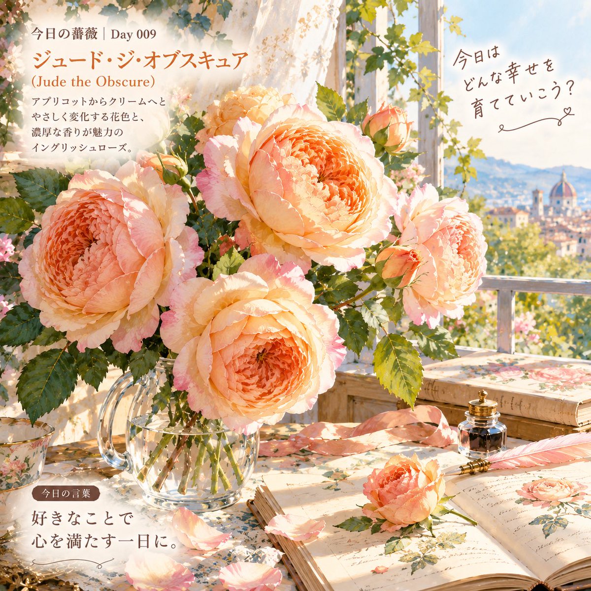 tsumugiaidays's tweet photo. 🌹今日の薔薇｜Day 009
ジュード・ジ・オブスキュア

アプリコットからクリームへ。
やさしい色の薔薇を、光いっぱいの世界に描いてみました🧡

今日の言葉は
「好きなことで、心を満たす一日に。」

AIと旅する、365日の薔薇🌹

#今日の薔薇 #AIアート #AI画像 #薔薇 https://t.co/DwTFZl6lxm