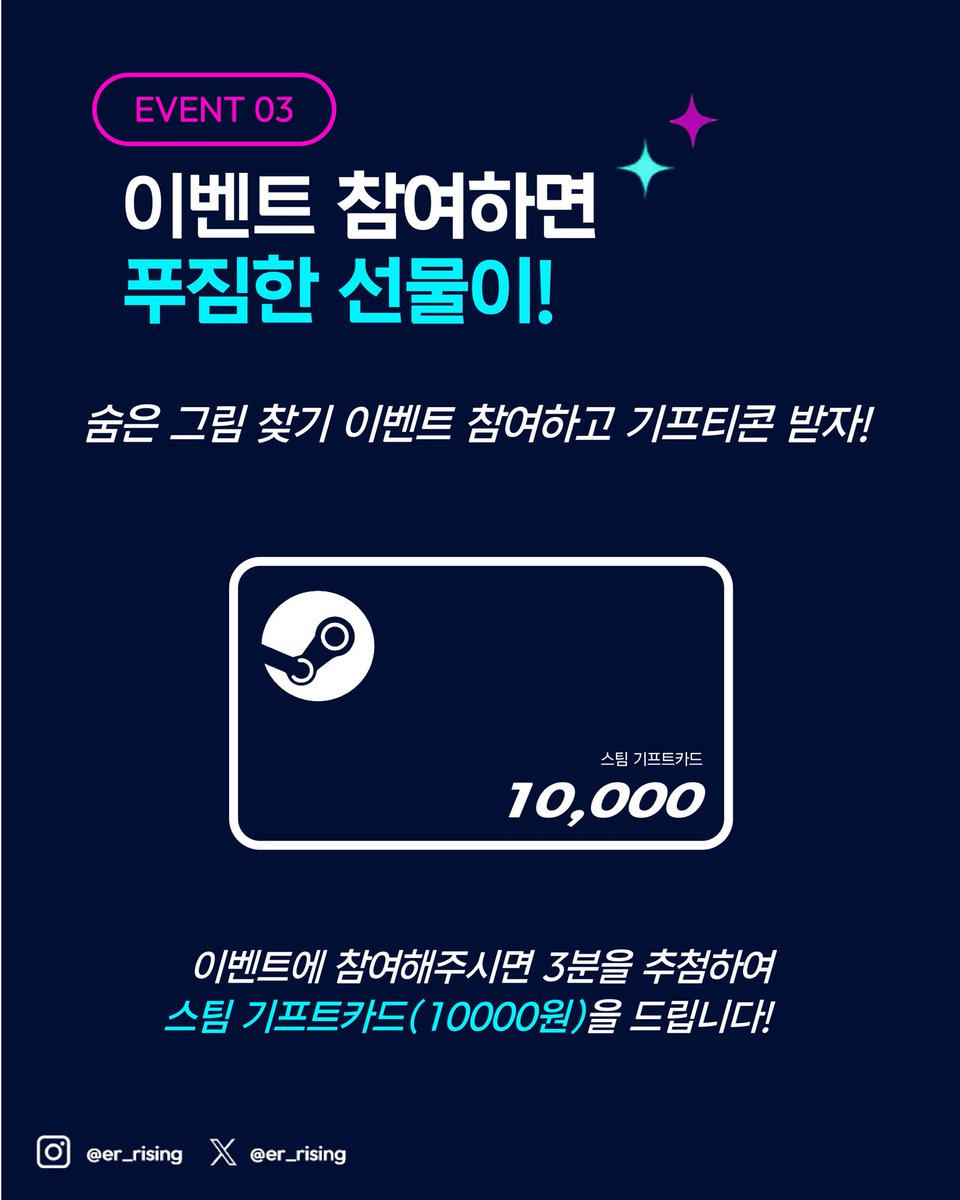er_Rising's tweet photo. ★ 2026 IGA RISING 포스터 속 숨은그림찾기 이벤트! ★

포스터 속에 숨겨진 아이템을 찾아라! 🔍✨
대회 포스터 속에 몰래 숨어있는 아이템들을 찾아 표시해 공유하고, 스팀 기프트카드 받아 가세요! 🎁 

📍 이벤트 기간
- 09.30(수) ~ 10.07(수) 23:59

📍 당첨자 발표
- 10.08(목)

📍 이벤트 경품
- 스팀 기프트카드 10,000원권 (3명) 🎮   

📍 참여 방법
1. IGA RISING 공식 X계정(@er_Rising) 팔로우 하기  
2. 포스터 속 숨은 아이템을 찾아 표시하기! 
3. 인용 RT로 숨은 그림이 표시된 이미지를 첨부하여 올려주면 참여 완료! 📸 

💡 주의사항!
※ 비공개 계정은 확인이 어려워 참여 대상에서 제외됩니다.

 여러분들의 많은 관심과 참여 부탁드립니다❤️‍🔥   

#이터널리턴 #Eternal_Return #IGA_RISING #IGA_ER_RISING 

▼ IGA RISING 공식 인스타그램
https://t.co/i0DFjFVAPD
▼ IGA RISING 공식 디스코드 채널
https://t.co/68Rvk8K4vH