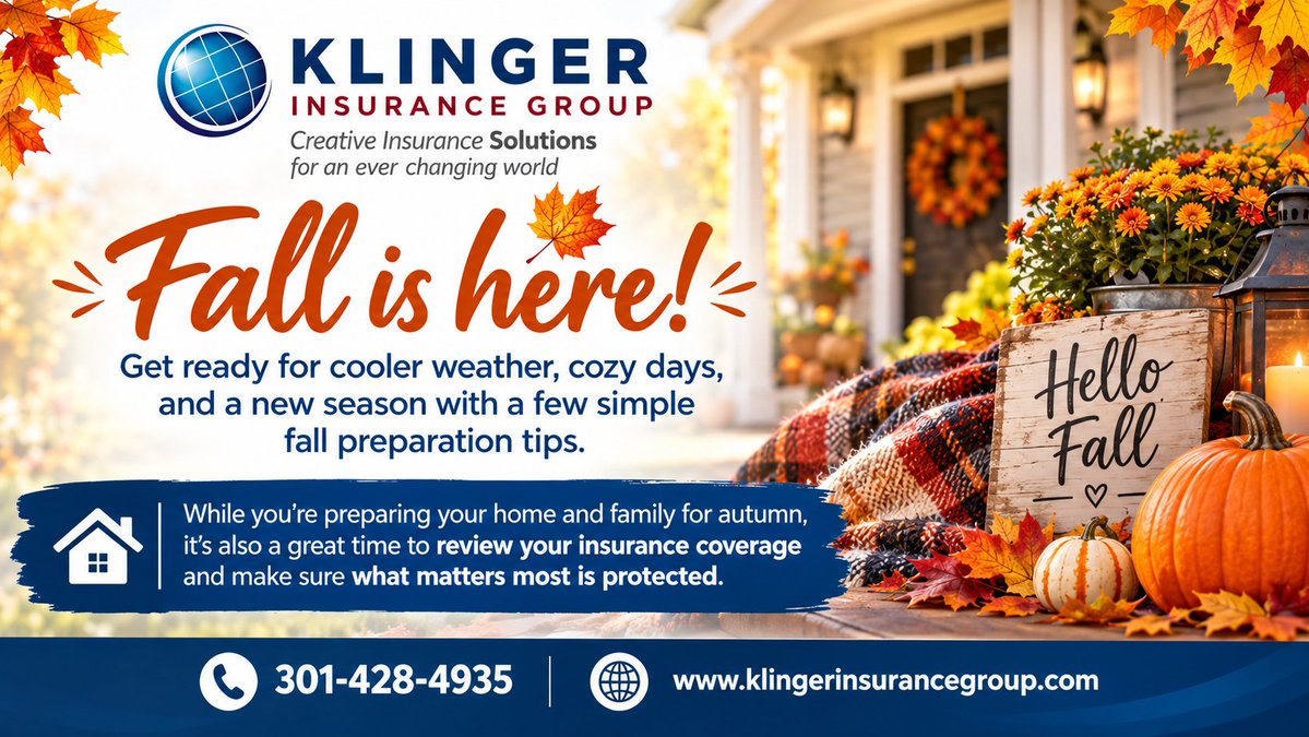 KlingerInsGroup's tweet photo. Fall is almost here! Get ready for cooler weather, cozy days, and a new season with a few simple fall preparation tips.
#FallReady #FallTips #InsuranceTips #HomeInsurance #ProtectWhatMatters #InsuranceMadeSimple #KlingerInsuranceGroup
https://t.co/cC2uf5Tbjb https://t.co/srQEJVnYp3