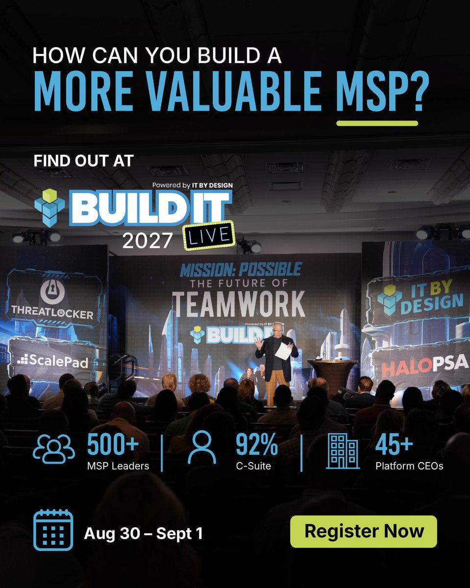 BuildIT_U's tweet photo. What if three days could change how you run your MSP? Get in the room with 500+ MSP leaders and 45+ platform CEOs, and leave with a 90-day implementation roadmap. Aug 30–Sept 1, 2027. 

Register: https://t.co/k6ozlc5aJJ

#BuildITLIVE #MSPLeadership https://t.co/jPjWwmejYC