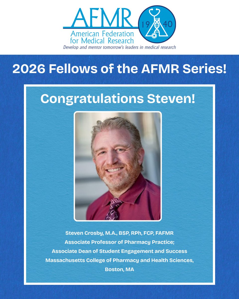 AFMResearch's tweet photo. π Congratulations to the 2026 Fellows of the AFMR!
The FAFMR designation honors outstanding contributions to research, leadership, service, and the advancement of AFMRβs mission.
Join us in celebrating Steven! π
#AFMR #FAFMR #MedicalResearch https://t.co/VilRJUJxbm