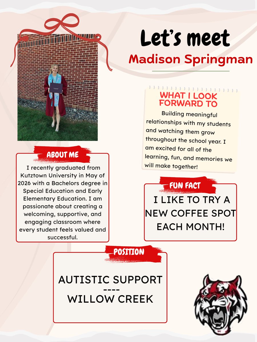 FASDTigers's tweet photo. We’re so excited to welcome our new teacher, Madison Springman to Willow Creek as an Autistic Support teacher. We’re looking forward to all the wonderful things she’ll bring to our Fleetwood community! https://t.co/xBLNJvC7LW